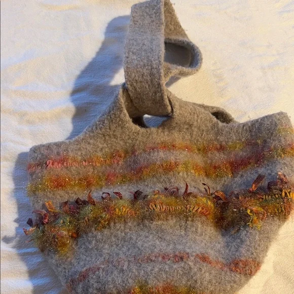 Handcrafted Boiled Wool Felt Shoulder Bag with Orange Accents & Fringe